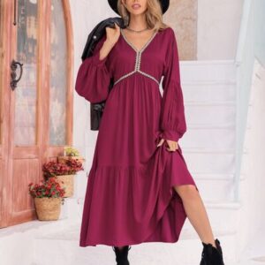 V-Neck Lantern Sleeve Ruffle Hem Dress in Wine Red
