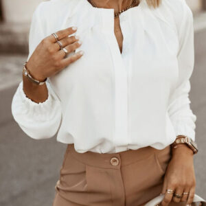 Button Up Pleated Long Sleeve Blouse | 6 colors
