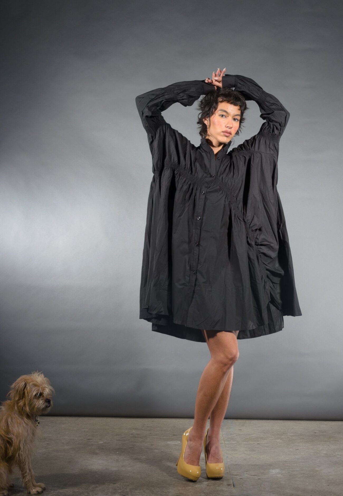 Long Sleeve Cotton Pleated Shirt Dress in Black