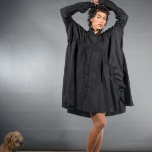 Long Sleeve Cotton Pleated Shirt Dress in Black