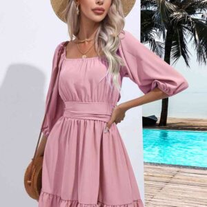 Neck Tie Back Ruffle Hem Mini Peasant Dress | 5 Colors